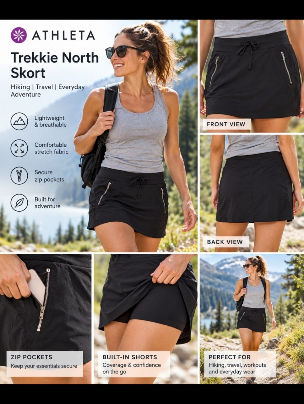 Athleta Trekkie North Skort Skirt Black Size 8 Hiking Travel Zip Pockets